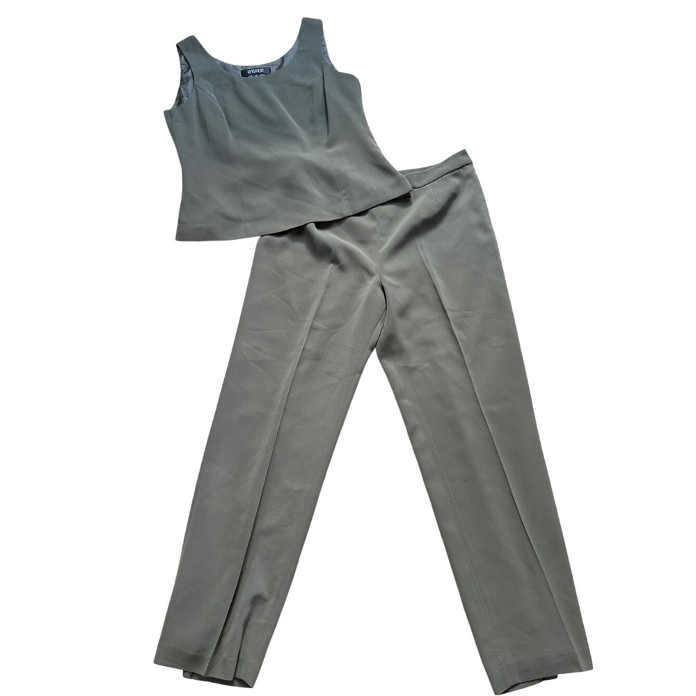 Kasper Olive Green Sleeveless Top and Trousers Pant Suit Set Size 12 Minimalist - Picture 2 of 14